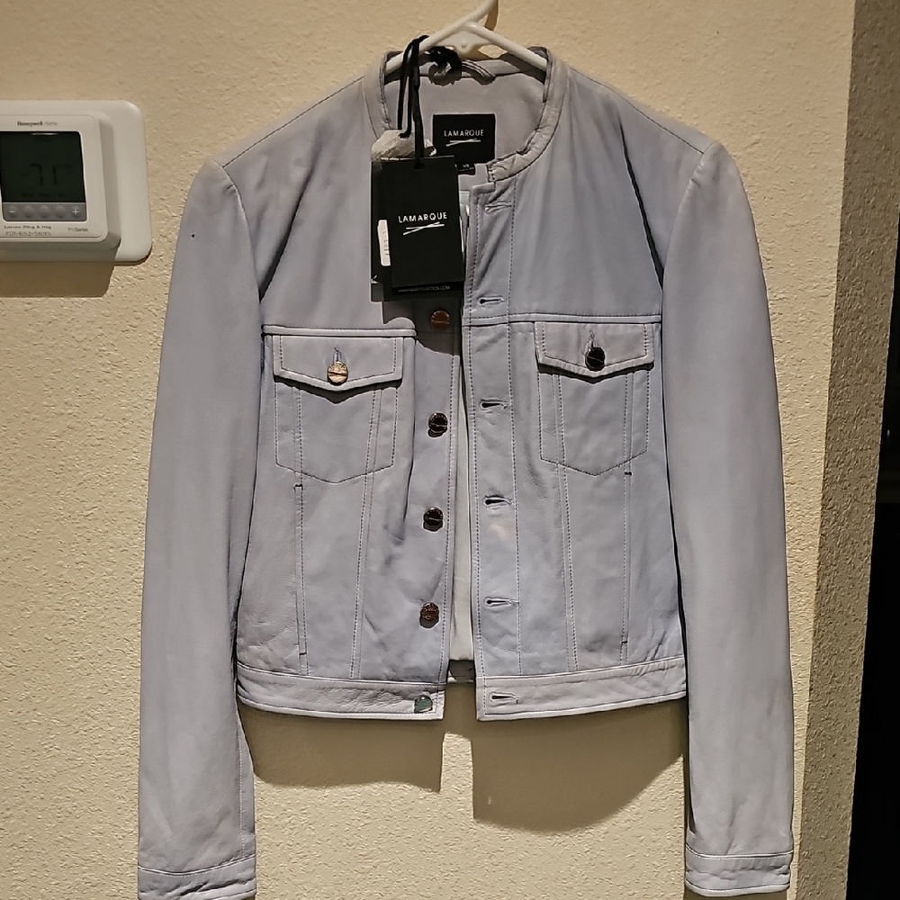 NWT Lamarque L Blue Discolored/Flaws Leather Jacket Cropped Flaw In PICTURES!!